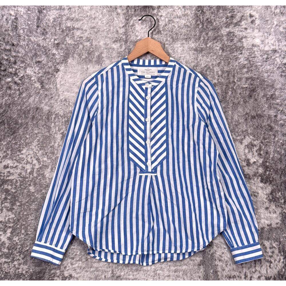 Trovata Blue and White Striped Cotton Popover Blouse